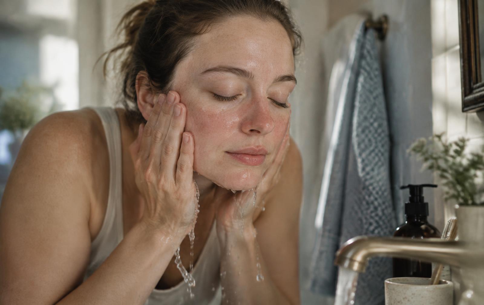 Woman rinsing her face in soft morning light
